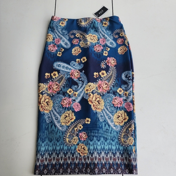 NWT ECI Women's Midi Scuba Stretch Pencil Skirt Printed Floral Teal Blue Pink XS - Picture 1 of 8